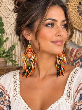 Boho Chic Multicolor Beaded Fringe Earrings - Orange Accent